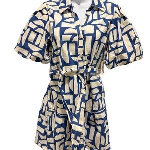NWT JESSICA SIMPSON Blue and White Graphic Print Dress Button Up Summer Medium